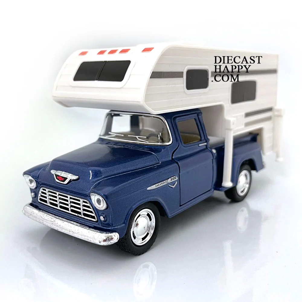 1955 Chevy Stepside Pickup Truck Camper 1:32 Scale Blue by Kinsmart
