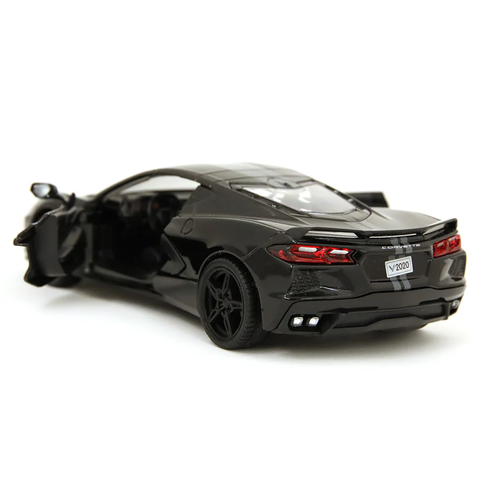 2020 Chevrolet Corvette C8 Stingray 1:24 Scale Diecast Model in Black with Grey Stripes by Motor Max 79360 - Image 4