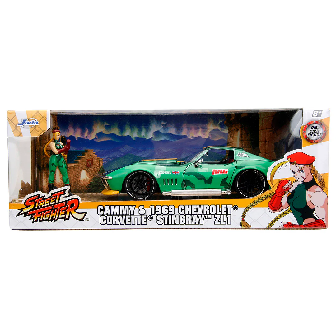 Street Fighter 1969 Chevrolet Corvette Stingray ZL1 1:24 Scale Diecast Model w/ Cammy Figure in Green Camo by Jada 30837 - Image 2