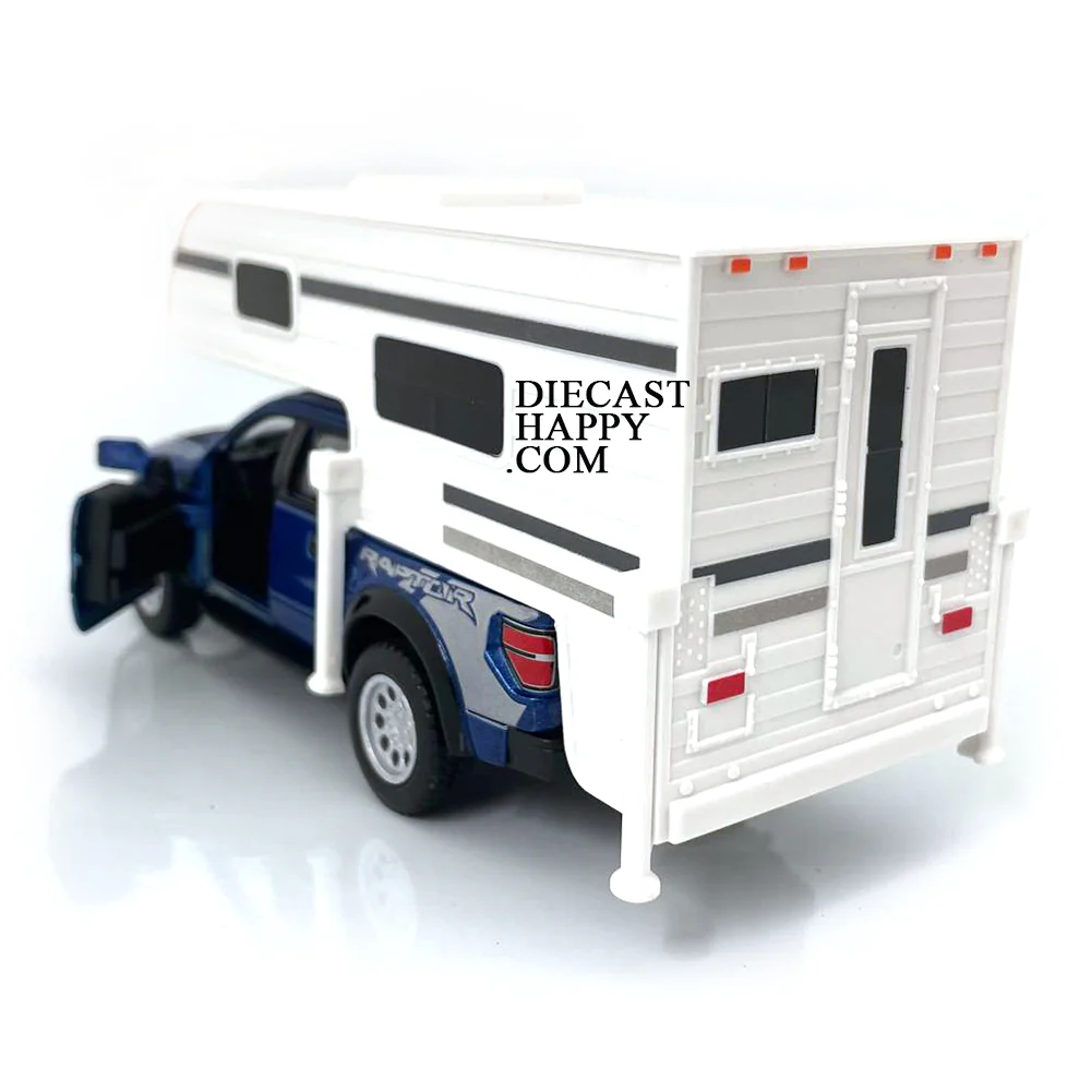 2013 Ford F-150 SVT Raptor Supercrew w/ Camper 1:46 Scale Diecast Model Blue by Kinsmart - Image 2