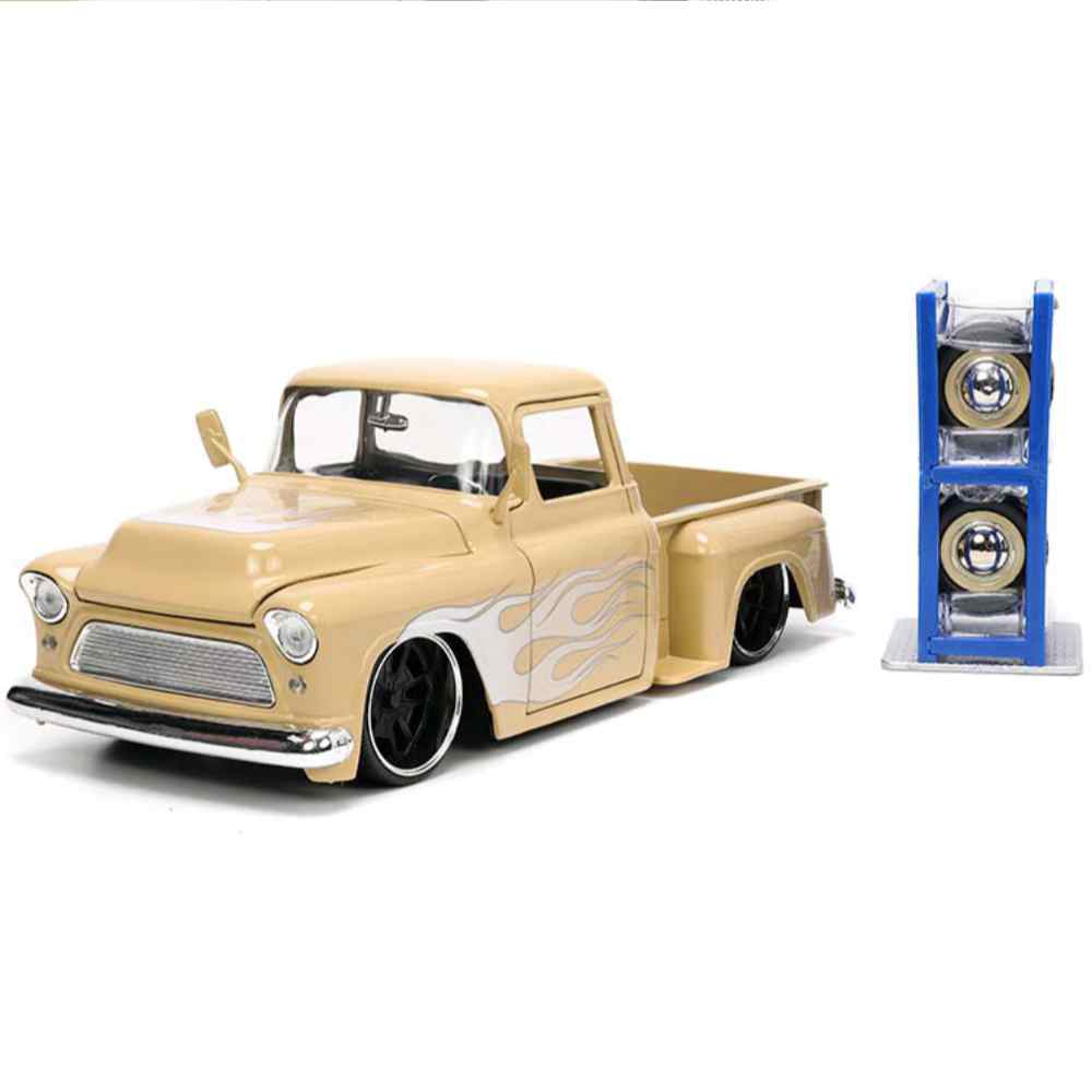 Just Trucks 1955 Chevrolet Stepside Pickup Truck With Extra Wheels 1:24 Scale Diecast Model Beige by Jada 34024