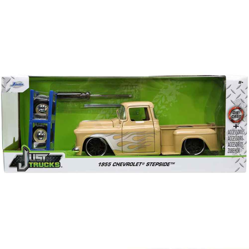 Just Trucks 1955 Chevrolet Stepside Pickup Truck With Extra Wheels 1:24 Scale Diecast Model Beige by Jada 34024 - Image 2