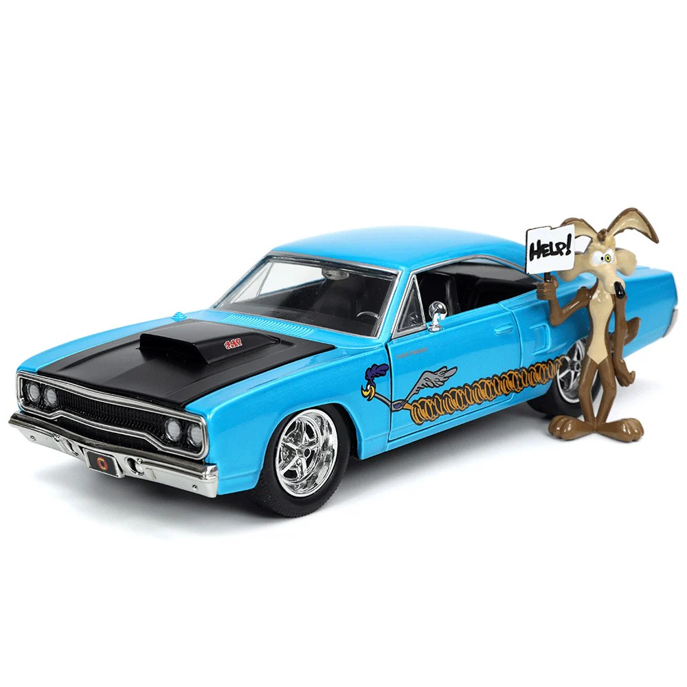 Looney Tunes 1970 Plymouth Roadrunner 1:24 Scale Diecast Model Blue with Wile E Coyote Figure by Jada 32038 - Image 5