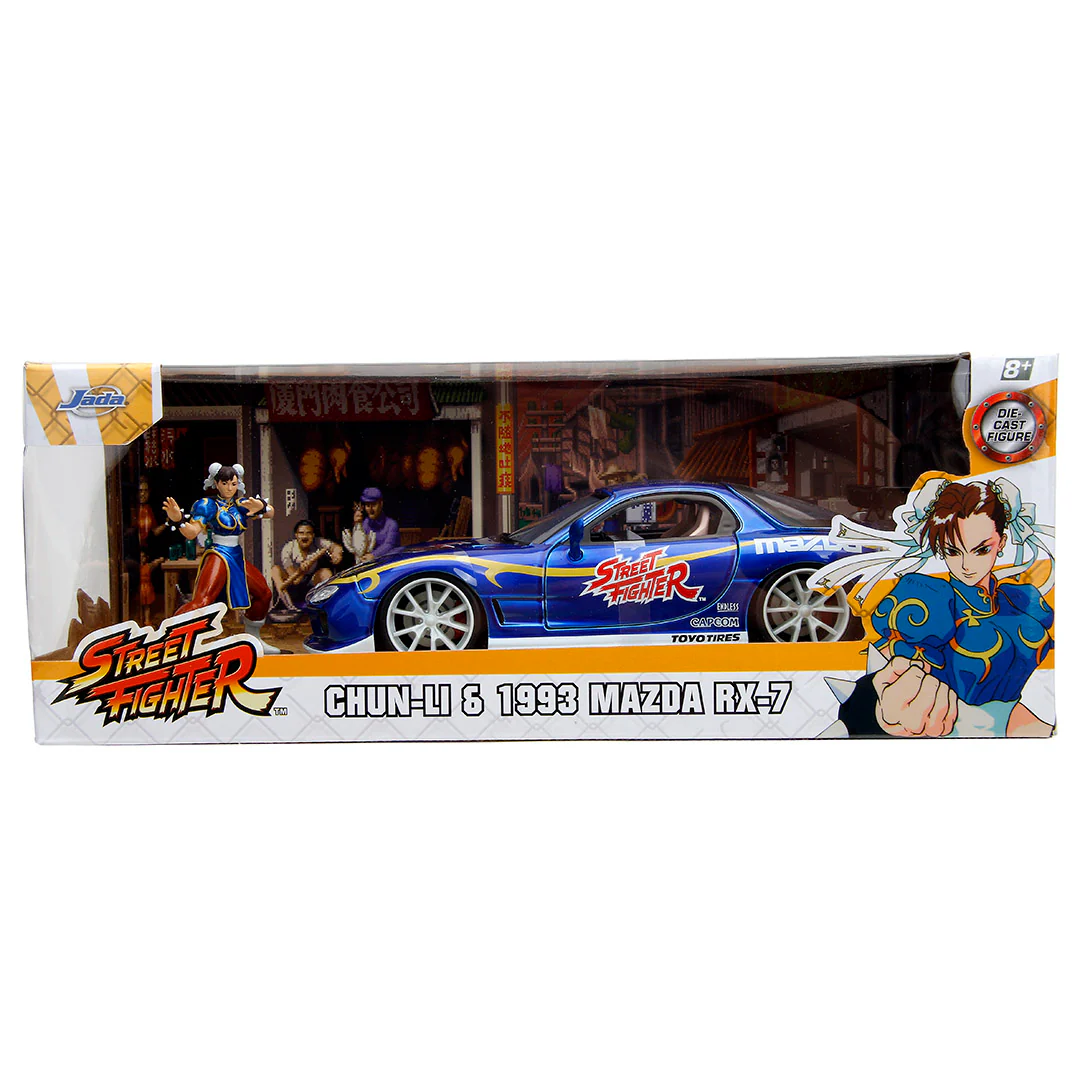 Street Fighter 1993 Mazda RX-7 1:24 Scale Diecast Model w/ Chun-Li Figure in Blue by Jada 30838 - Image 6